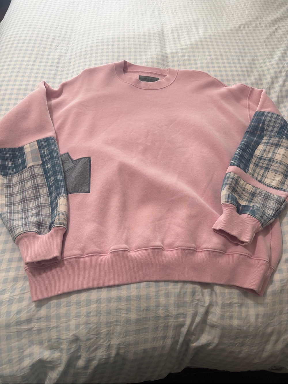 Abercrombie & Fitch Pink Pullover Sweatshirt with Blue Plaid Sleeves